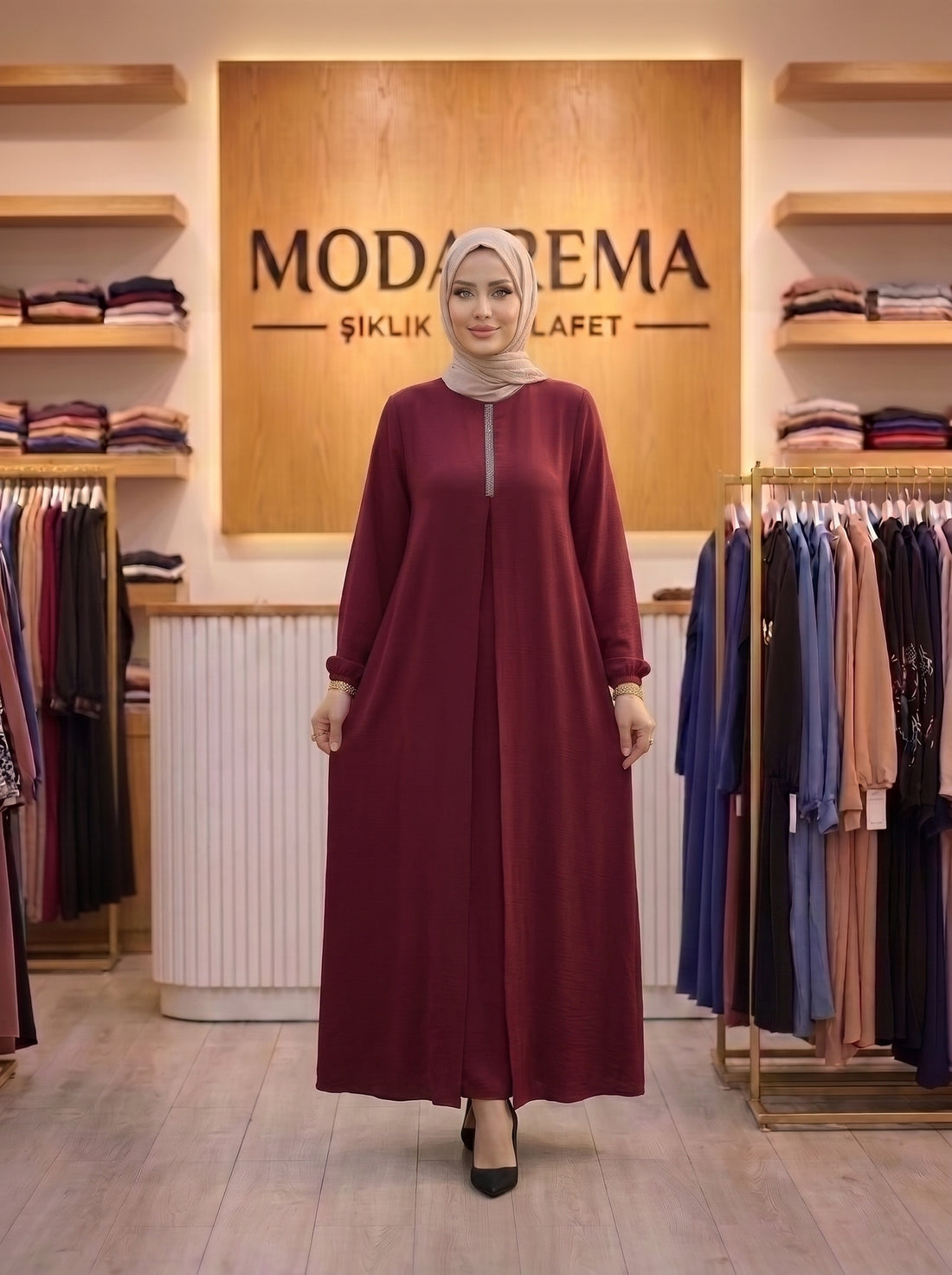 Bordo Taşlı Elbise