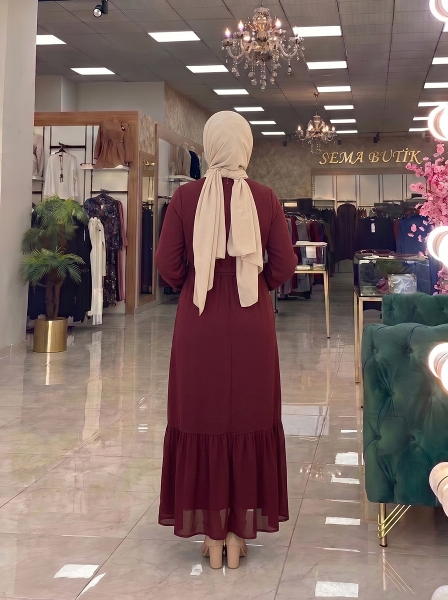 Belden Kuşaklı Elbise - Bordo - arka görünüm