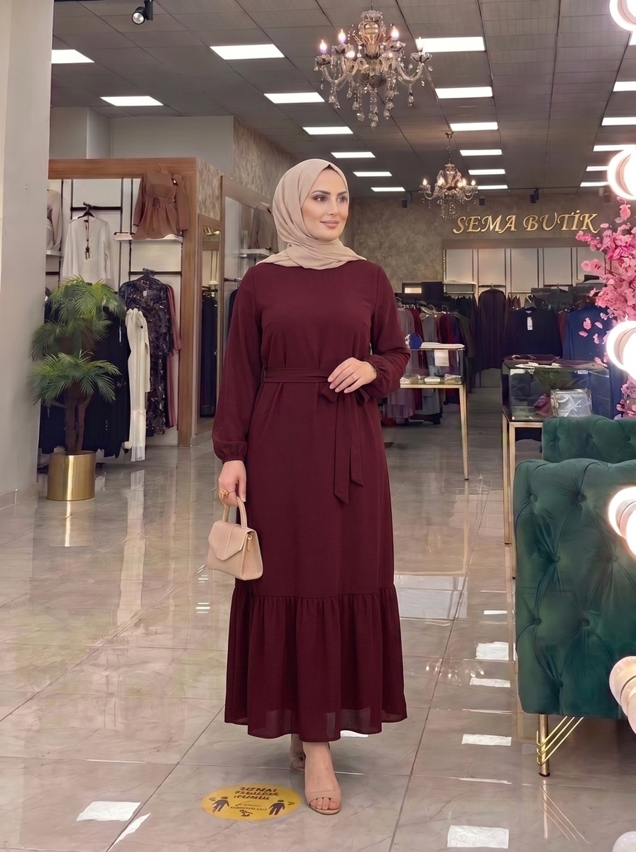 Belden Kuşaklı Elbise - Bordo - ön görünüm