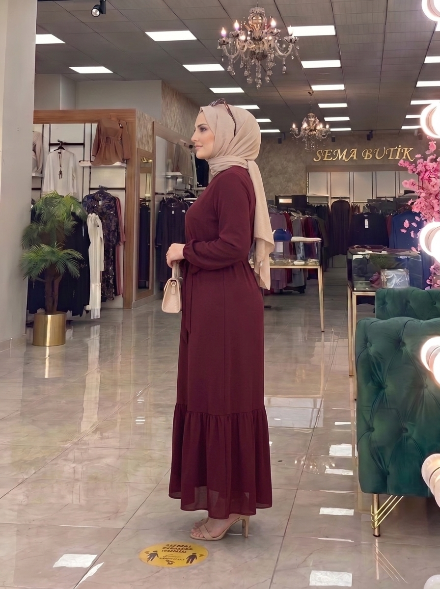 Belden Kuşaklı Elbise - Bordo - yan görünüm