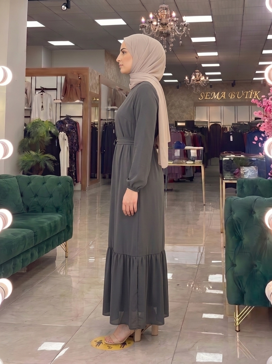 Belden Kuşaklı Elbise - Gri - yan görünüm