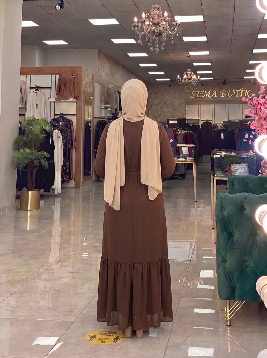 Belden Kuşaklı Elbise - Kahverengi - arka görünüm