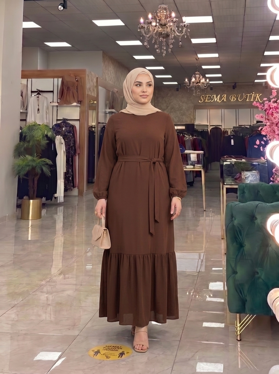 Belden Kuşaklı Elbise - Kahverengi - ön görünüm