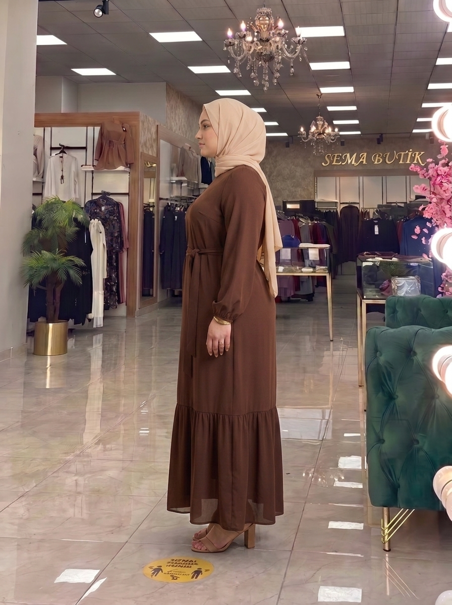 Belden Kuşaklı Elbise - Kahverengi - yan görünüm