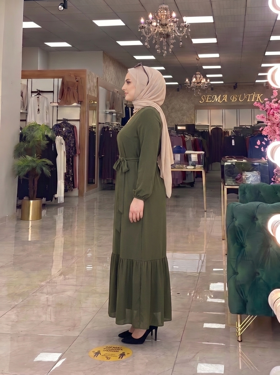 Belden Kuşaklı Elbise - Haki - yan görünüm