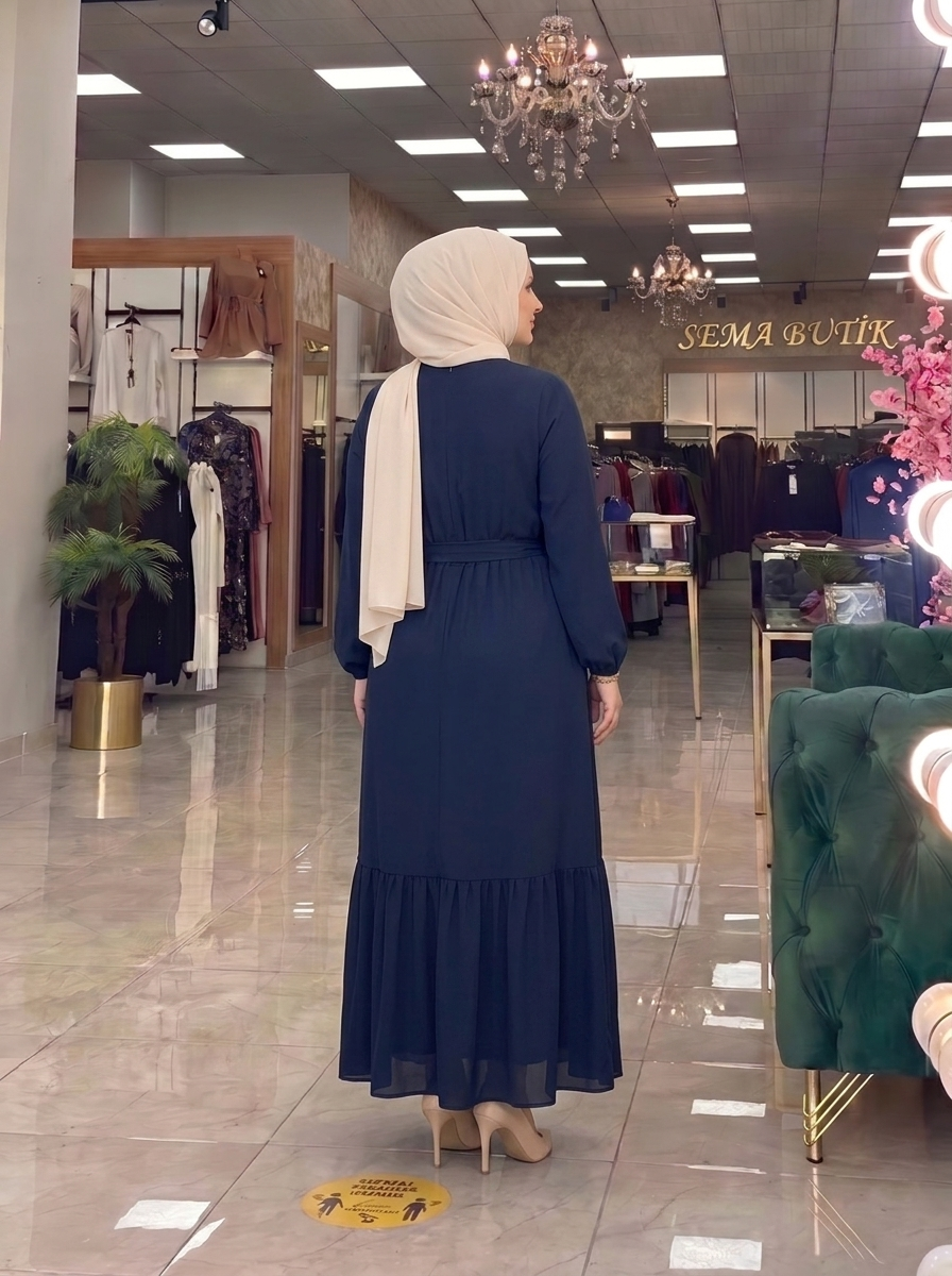 Belden Kuşaklı Elbise - Lacivert - arka görünüm
