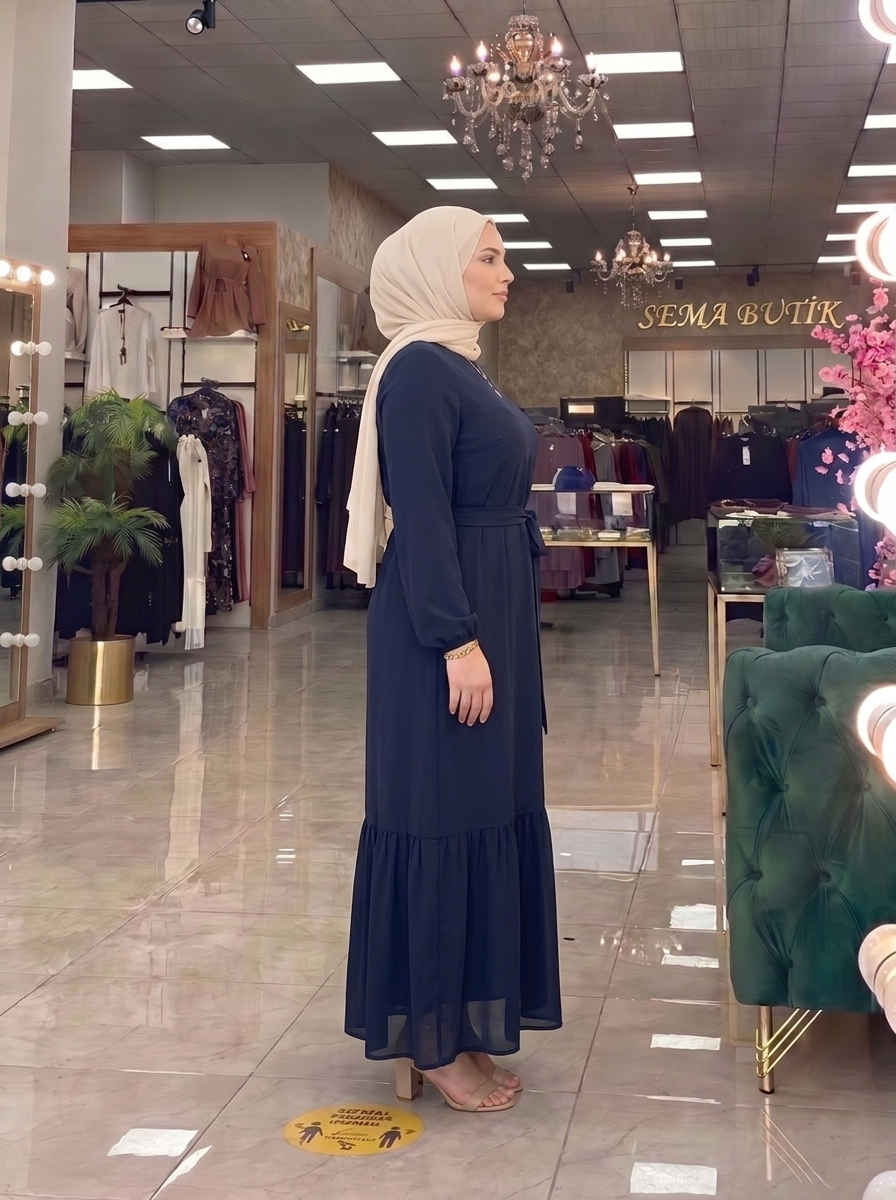 Belden Kuşaklı Elbise - Lacivert - yan görünüm