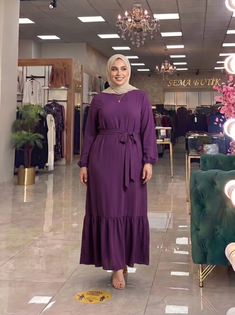 Belden Kuşaklı Elbise - Mor - ön görünüm