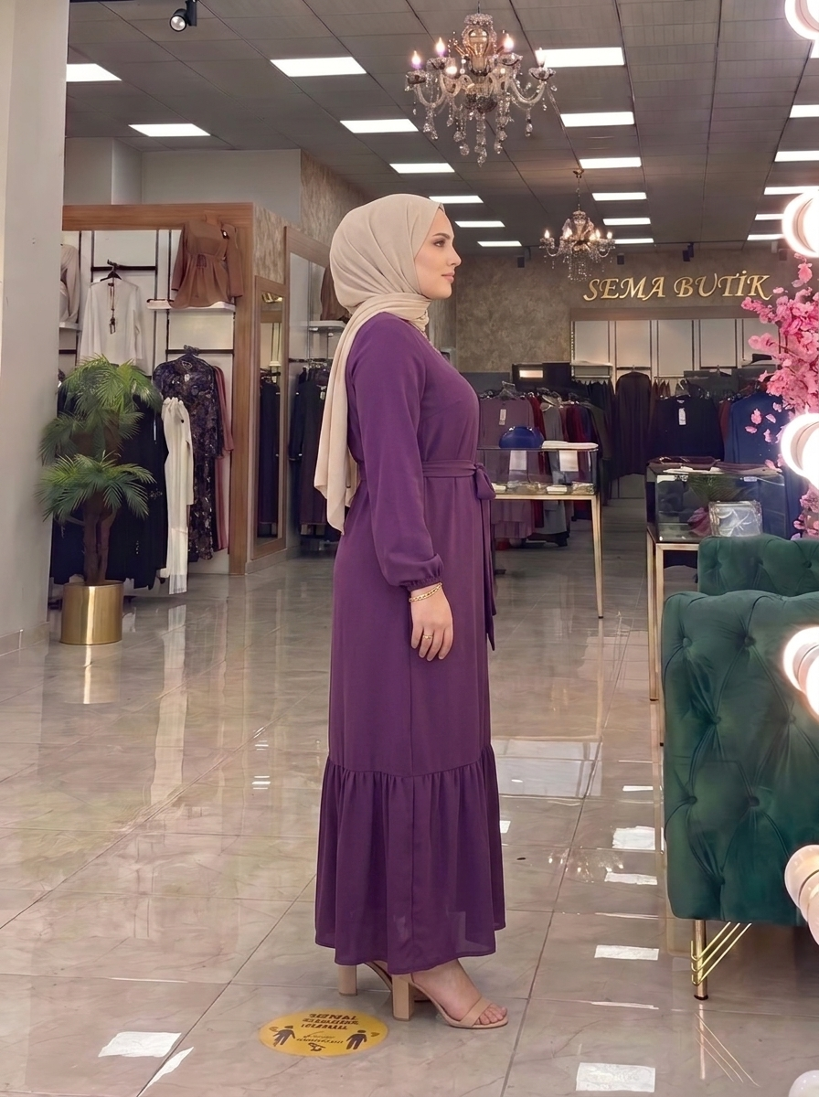 Belden Kuşaklı Elbise - Mor - yan görünüm