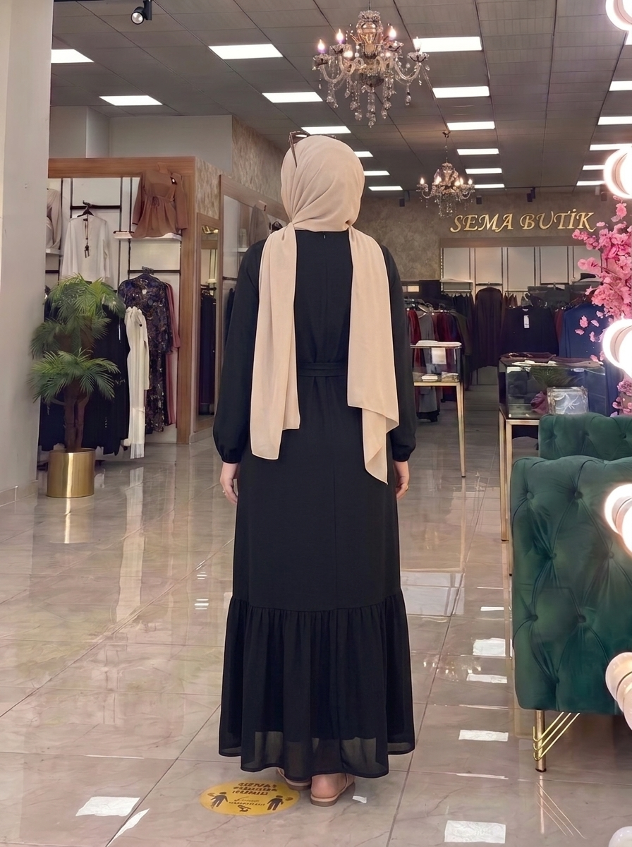 Belden Kuşaklı Elbise - Siyah - arka görünüm