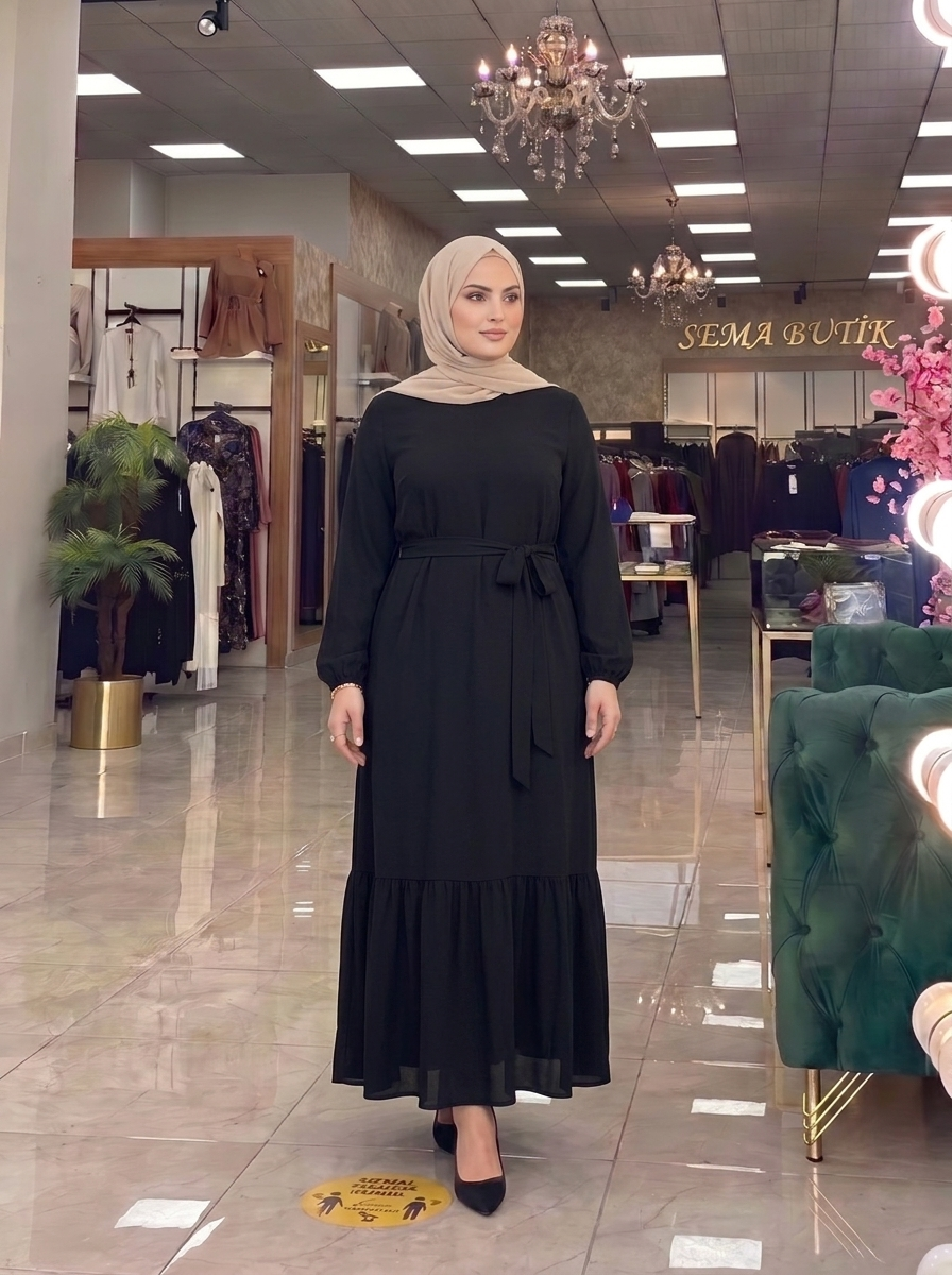Belden Kuşaklı Elbise - Siyah - ön görünüm