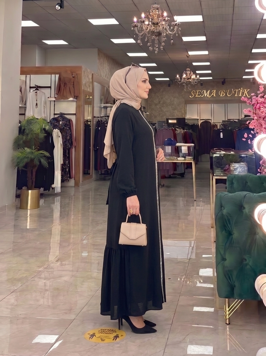 Belden Kuşaklı Elbise - Siyah - yan görünüm