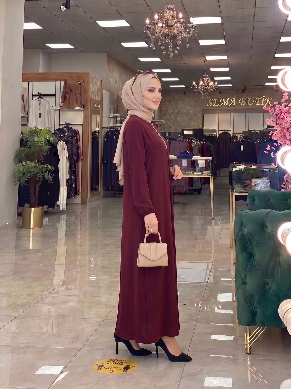Bordo Taşlı Elbise - yan görünüm